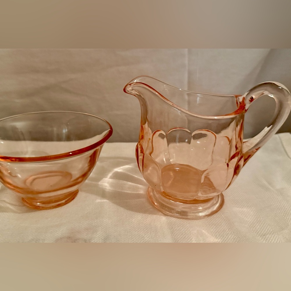 (2)Pink Depression Glass pitcher (8oz) and tea cup.
